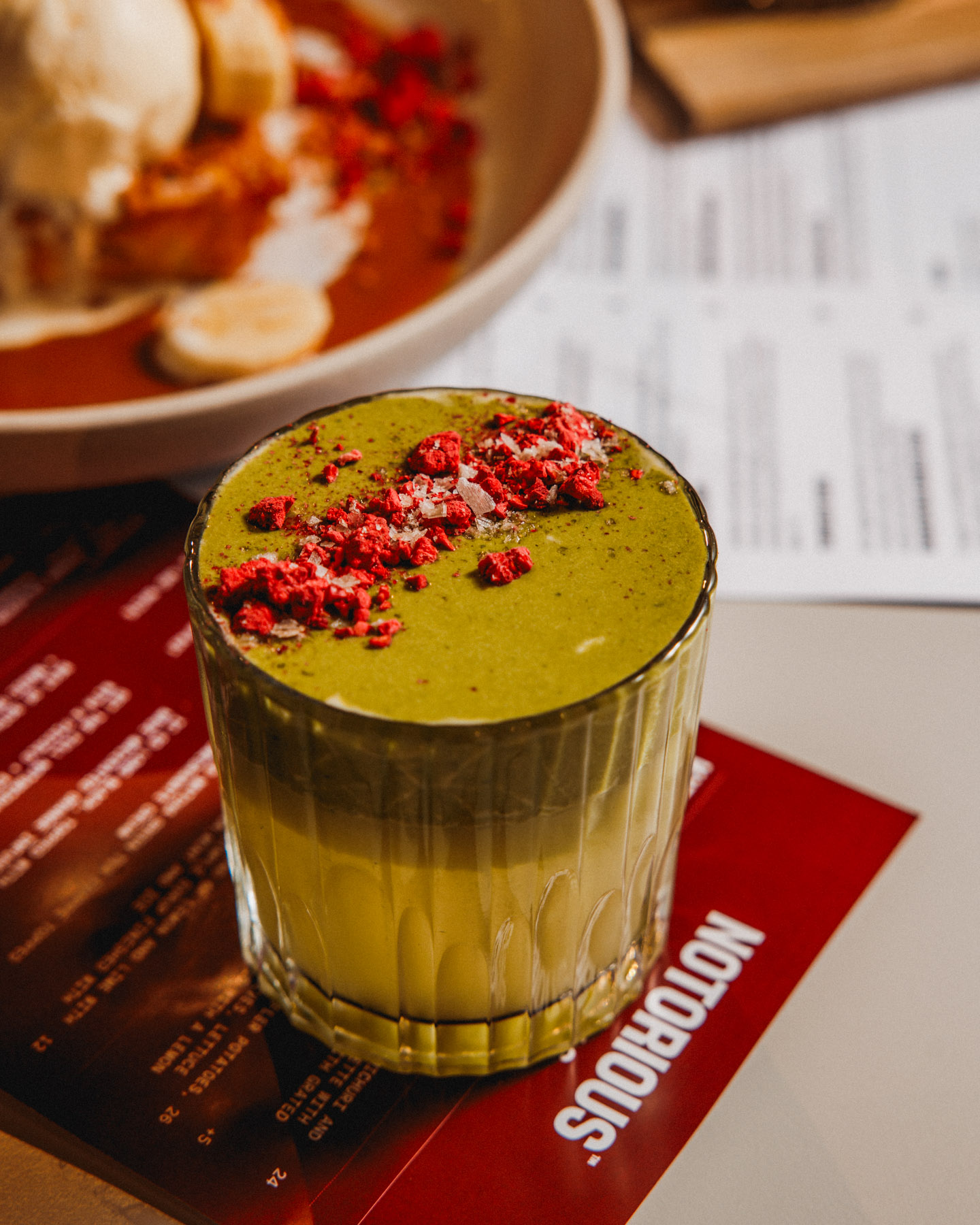 Strawberry matcha with freeze-dried berries